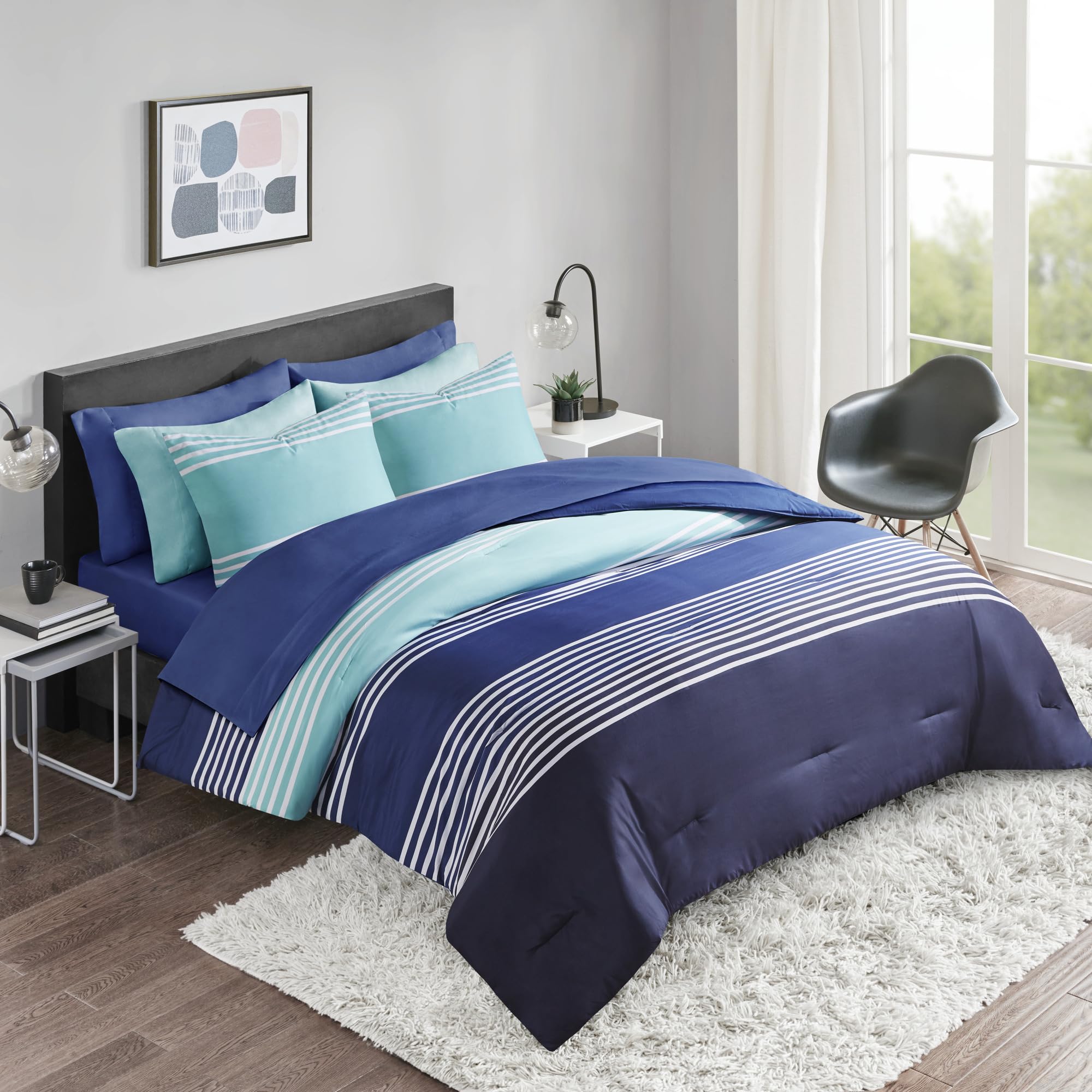 Comfort Spaces Queen Comforter Sets With Sheets - Bed In A Bag 9 Pieces Teen Bedding Sets Queen, Navy And Grey Stripes Bedding Q